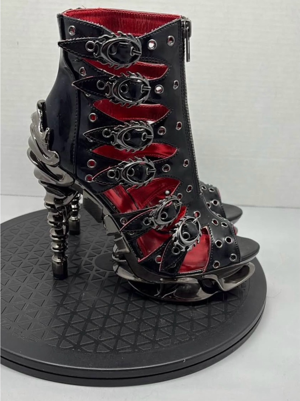 Gothic Black & Red Strappy High Heel Booties - Picture 3 of 6